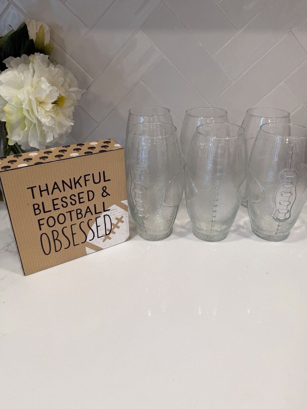 Football Vintage Tumbler Glasses Set of 6 Clear 23 oz Textured Embossed-Lets Go!